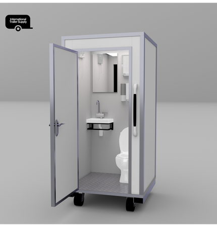 This is a photo of a single stall hygiene pods with the front door open, revealing a rendering of the pod's interior