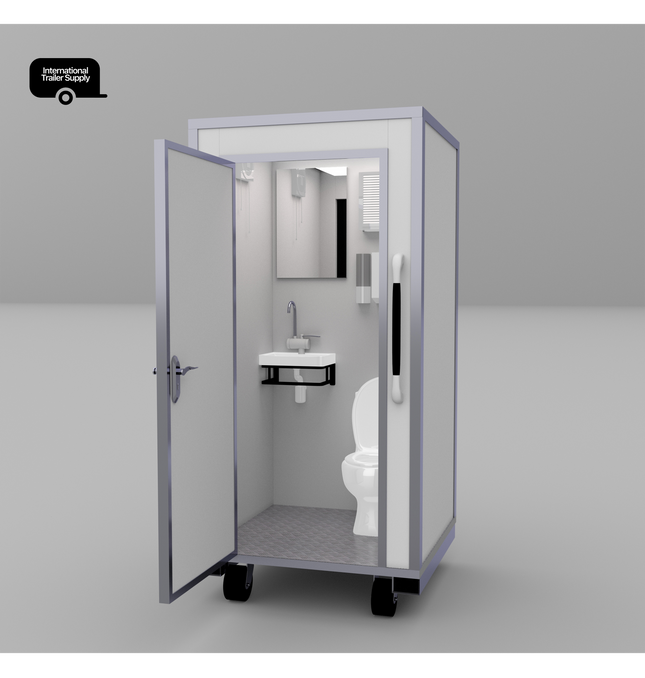 This is a photo of a single stall hygiene pods with the front door open, revealing a rendering of the pod's interior
